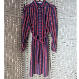 Vtg 80s Schrader Striped Long Sleeve Belted Shirt Dress Navy Red Sz 12 Preppy